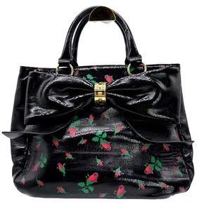Betsey Johnson Satchel Womens Small Black Excellent Rose Print Bow Patent Bag